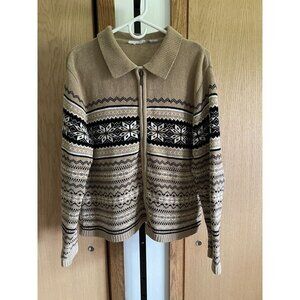 EUCVintage Tan & Black Nordic Pattern Zip-Up Cardigan Sweater